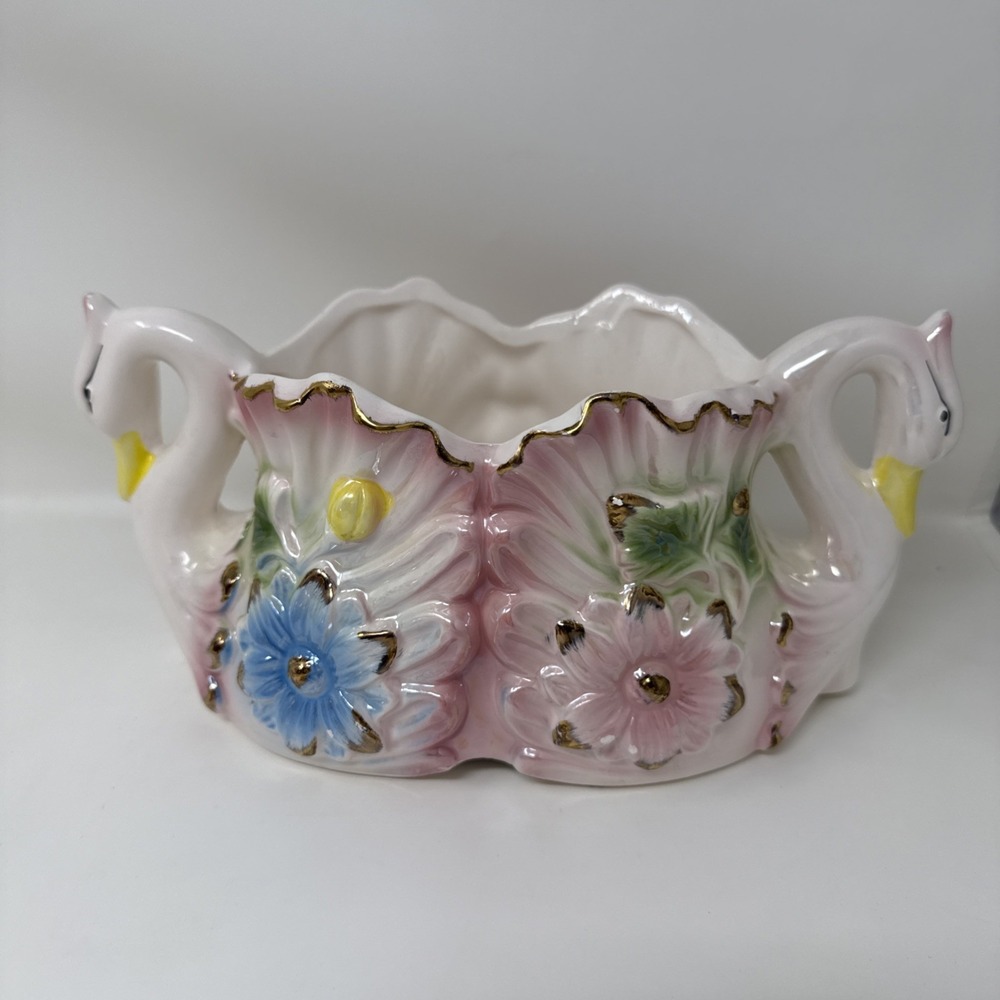 Swan Vase Planter Pearlized Pink Floral 5" Tall Lusterware Vintage